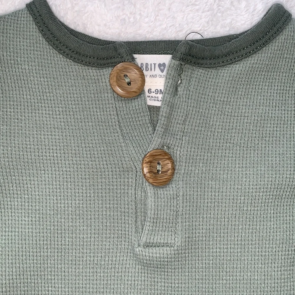 Rabbit + Bear Green Baby Romper with Pocket 6-9M Organic Cotton EUC